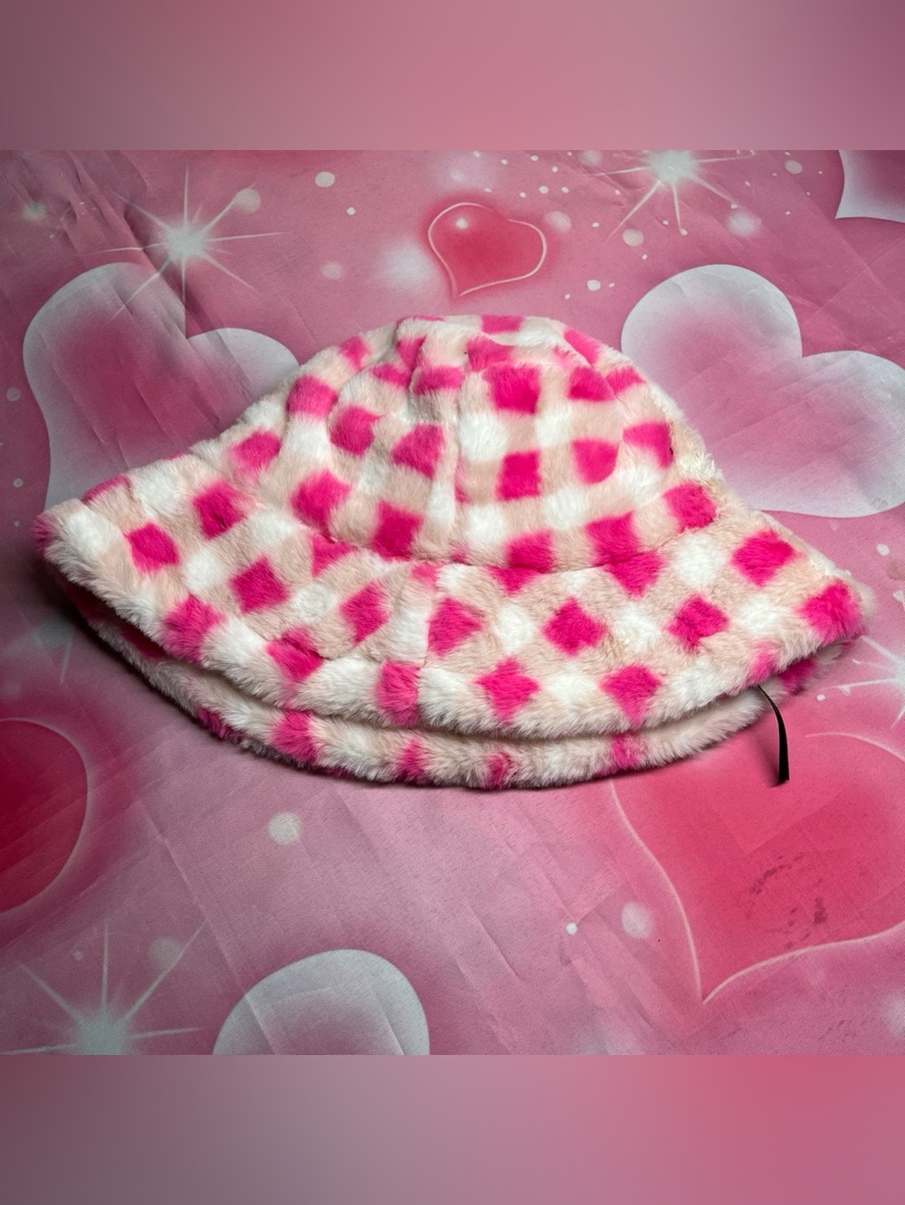 Fuzzy Checkerboard Bucket Hat in Pink and White